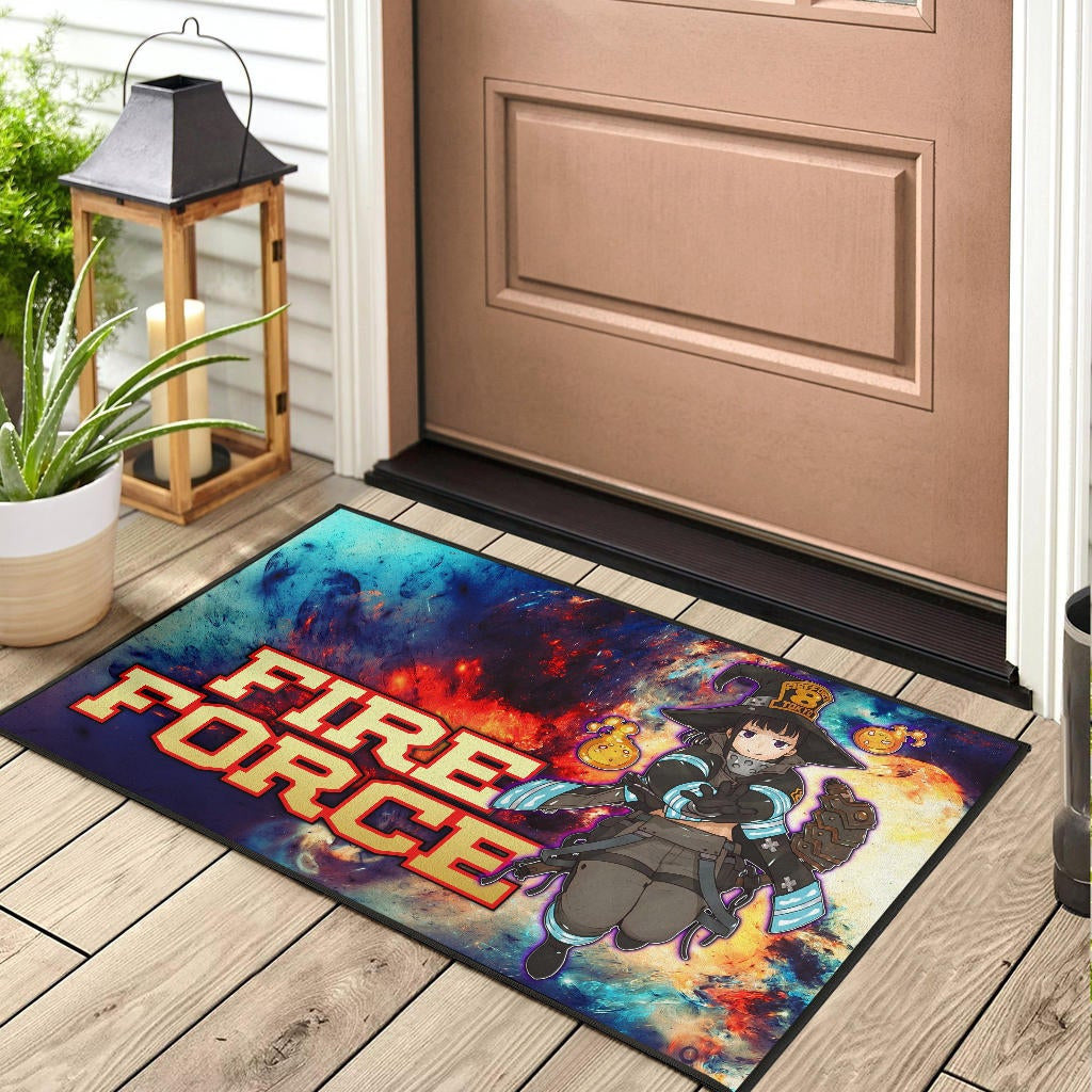 Fire Force Anime Door Mat Witch Maki Oze With Cute Baby Fire Artwork Galaxy Door Mat Home Decor