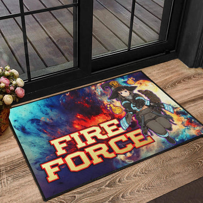 Fire Force Anime Door Mat Witch Maki Oze With Cute Baby Fire Artwork Galaxy Door Mat Home Decor