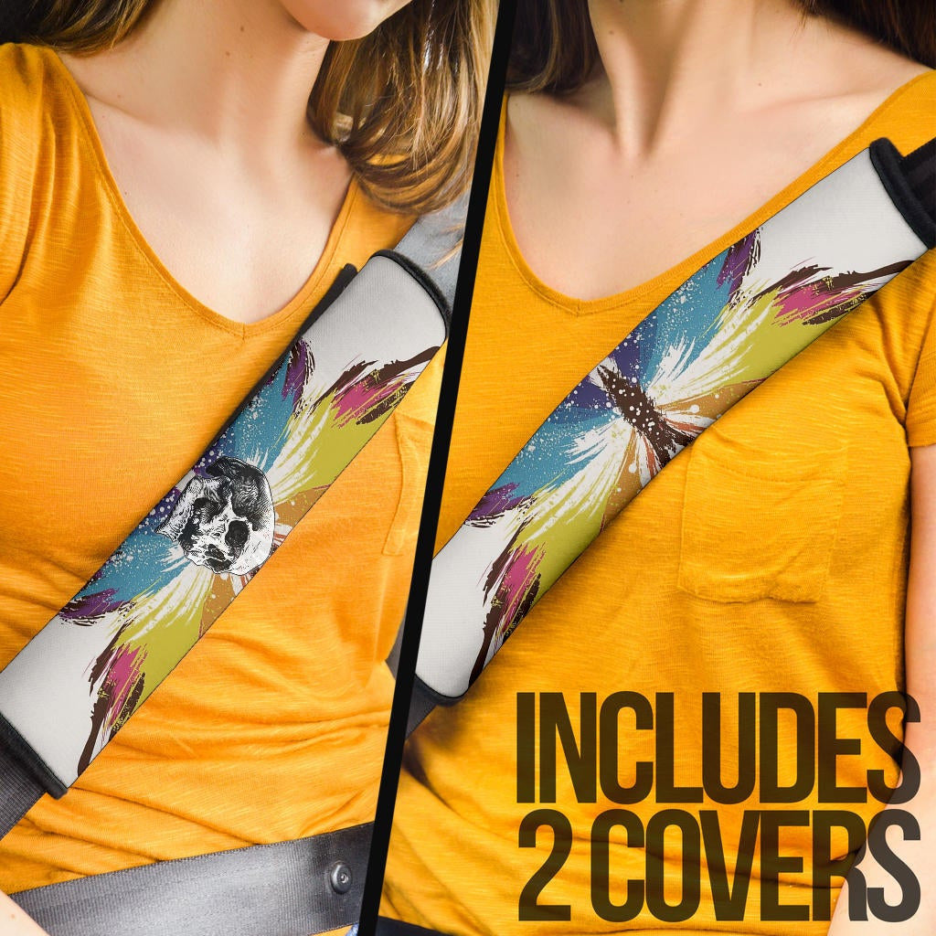 Skull Seat Belt Covers - Sickness Skull With Colorful Beautiful Butterfly Wings Belt Covers
