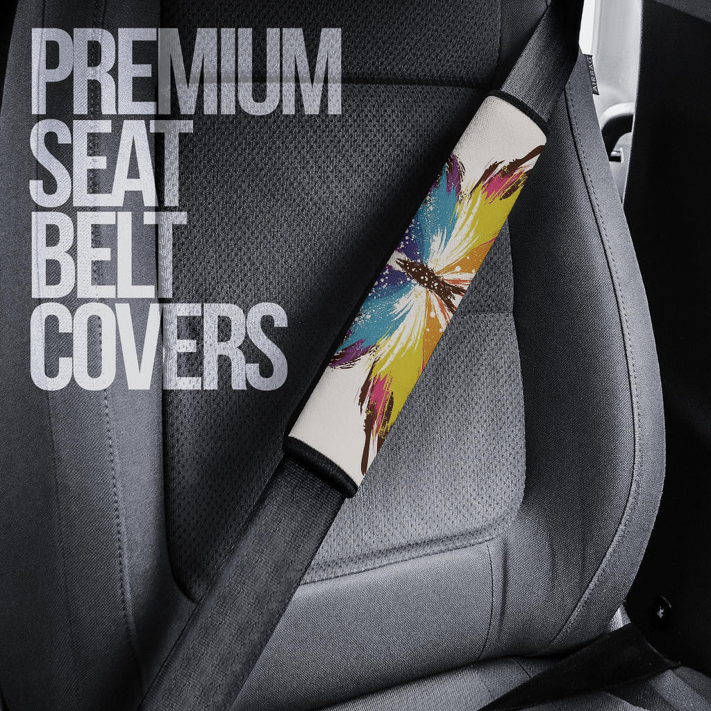 Skull Seat Belt Covers - Sickness Skull With Colorful Beautiful Butterfly Wings Belt Covers