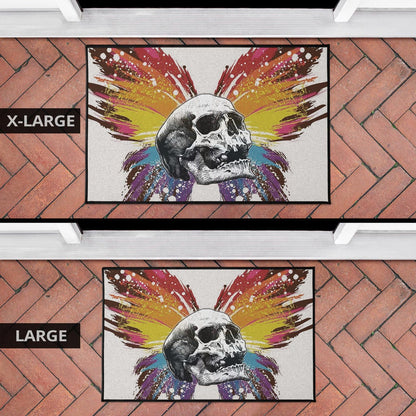 Skull Door Mat - Sickness Skull With Colorful Beautiful Butterfly Wings Door Mat