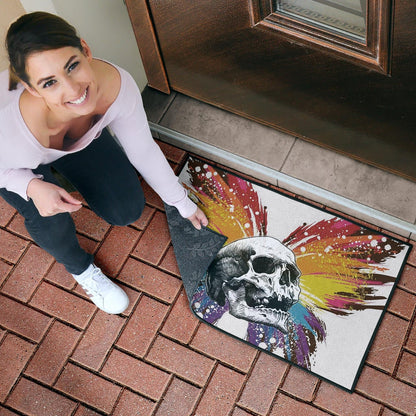 Skull Door Mat - Sickness Skull With Colorful Beautiful Butterfly Wings Door Mat