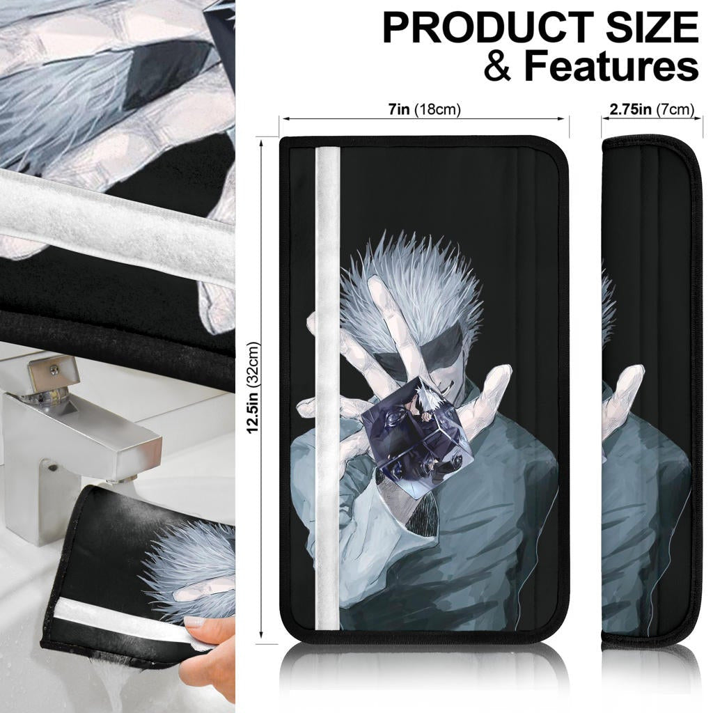 Jujutsu Kaisen Anime Seat Belt Covers - Satoru Gojo Smiling Hand Sign Holding Eye Rubik Prison Realm Belt Covers