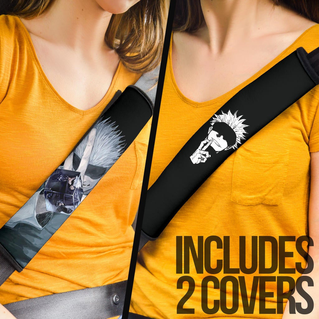 Jujutsu Kaisen Anime Seat Belt Covers - Satoru Gojo Smiling Hand Sign Holding Eye Rubik Prison Realm Belt Covers