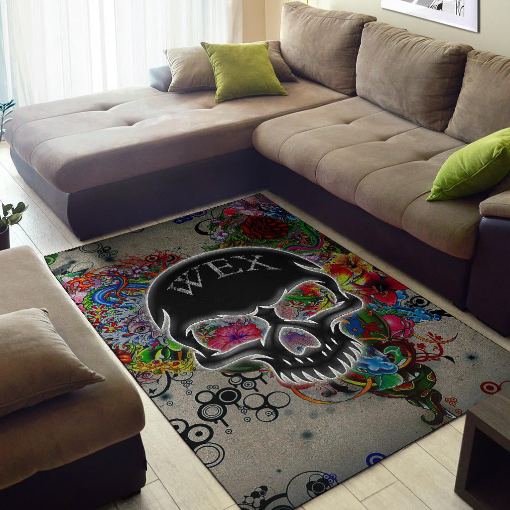 Skull Area Rug - Neon Skull Love Colorful Graffiti Tattoo Rugs Home Decor