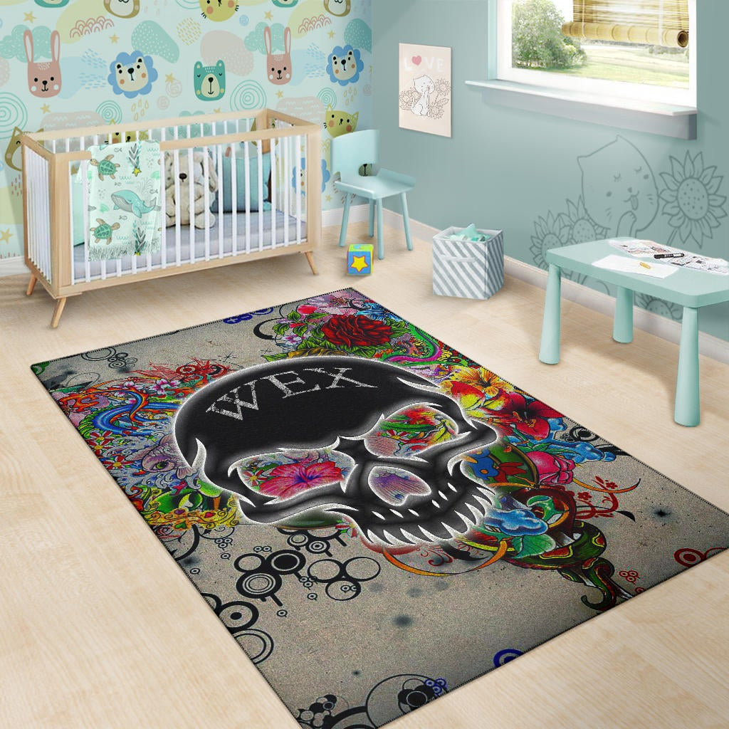 Skull Area Rug - Neon Skull Love Colorful Graffiti Tattoo Rugs Home Decor