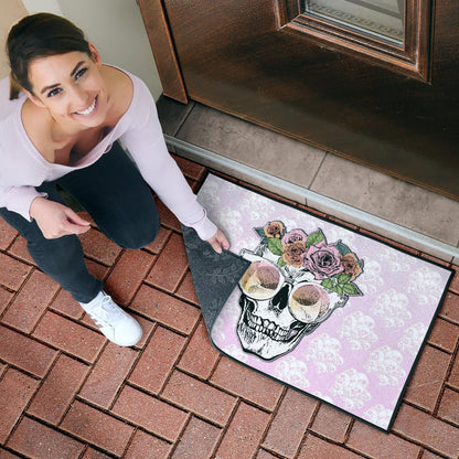 Valentine Door Mat - Skull Wearing Glasses And Flowers Crown Pink Door Mat Home Decor