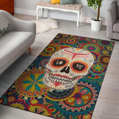 Valentine Area Rug - Mandala Skull Tattoo Love Eyes Colorful Rugs