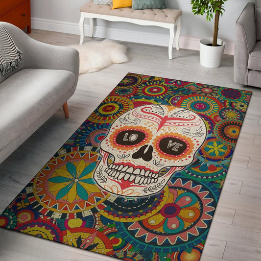 Valentine Area Rug - Mandala Skull Tattoo Love Eyes Colorful Rugs