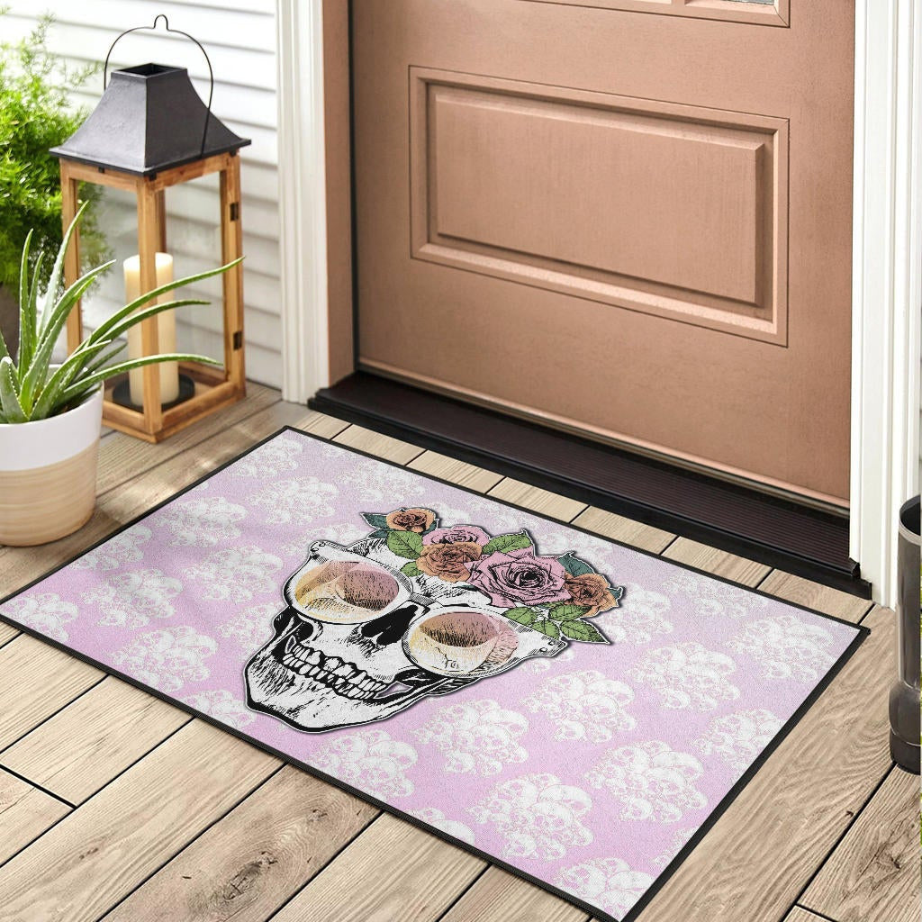 Valentine Door Mat - Skull Wearing Glasses And Flowers Crown Pink Door Mat Home Decor