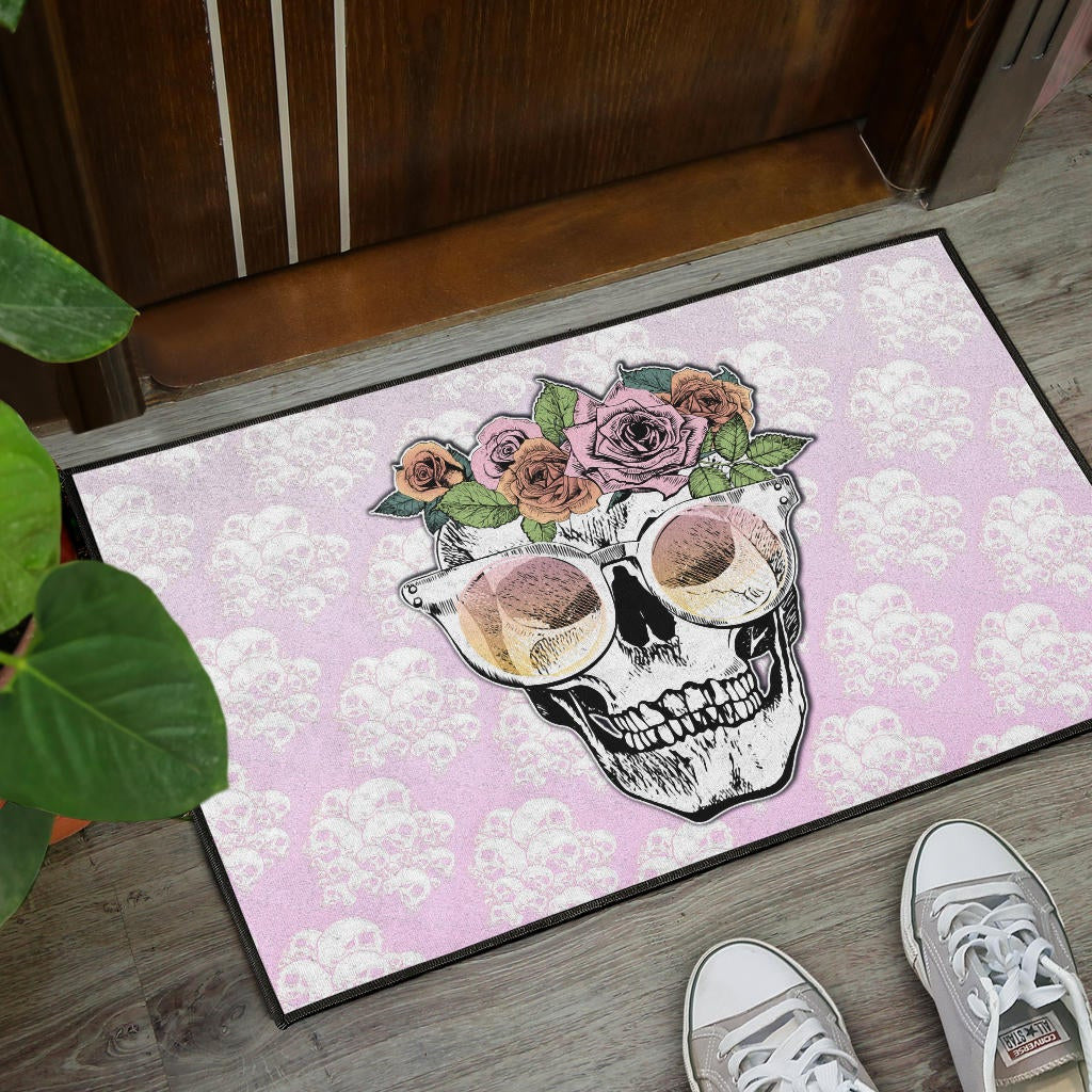 Valentine Door Mat - Skull Wearing Glasses And Flowers Crown Pink Door Mat Home Decor