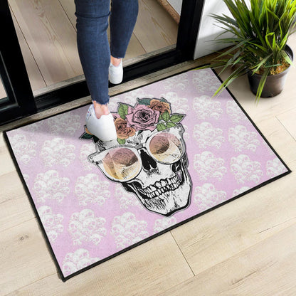 Valentine Door Mat - Skull Wearing Glasses And Flowers Crown Pink Door Mat Home Decor