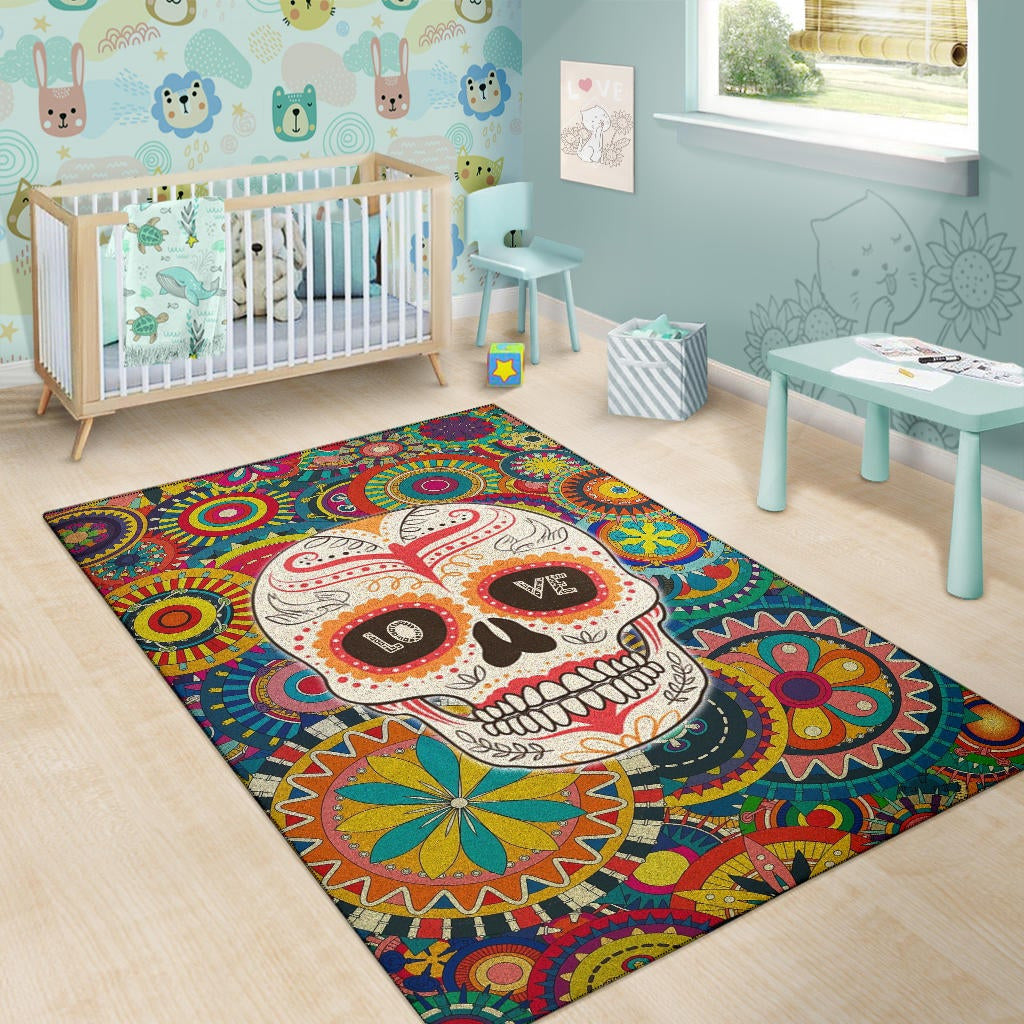 Valentine Area Rug - Mandala Skull Tattoo Love Eyes Colorful Rugs