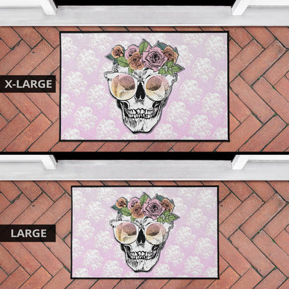 Valentine Door Mat - Skull Wearing Glasses And Flowers Crown Pink Door Mat Home Decor