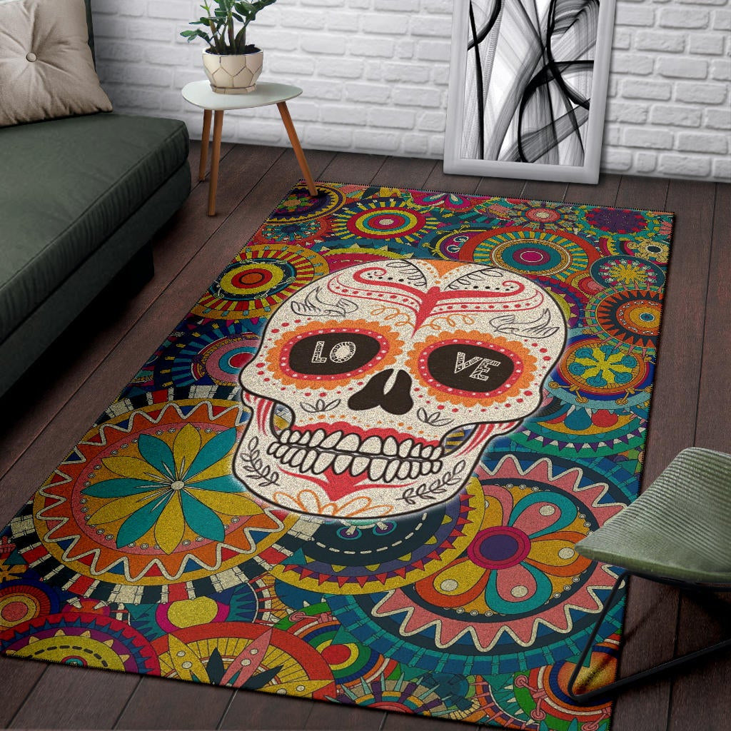 Valentine Area Rug - Mandala Skull Tattoo Love Eyes Colorful Rugs