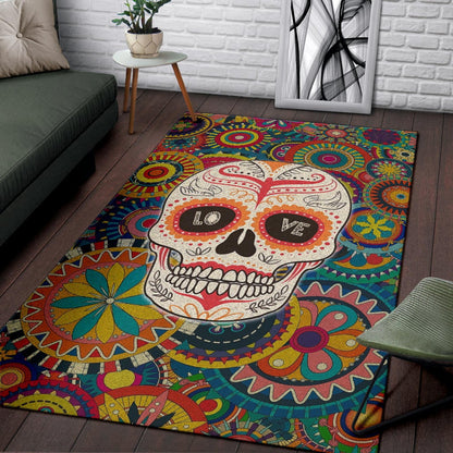 Valentine Area Rug - Mandala Skull Tattoo Love Eyes Colorful Rugs