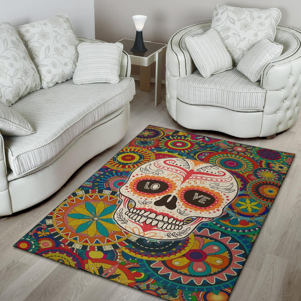 Valentine Area Rug - Mandala Skull Tattoo Love Eyes Colorful Rugs