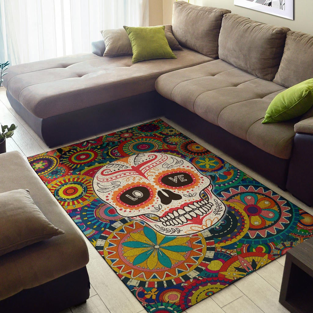 Valentine Area Rug - Mandala Skull Tattoo Love Eyes Colorful Rugs