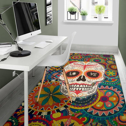 Valentine Area Rug - Mandala Skull Tattoo Love Eyes Colorful Rugs