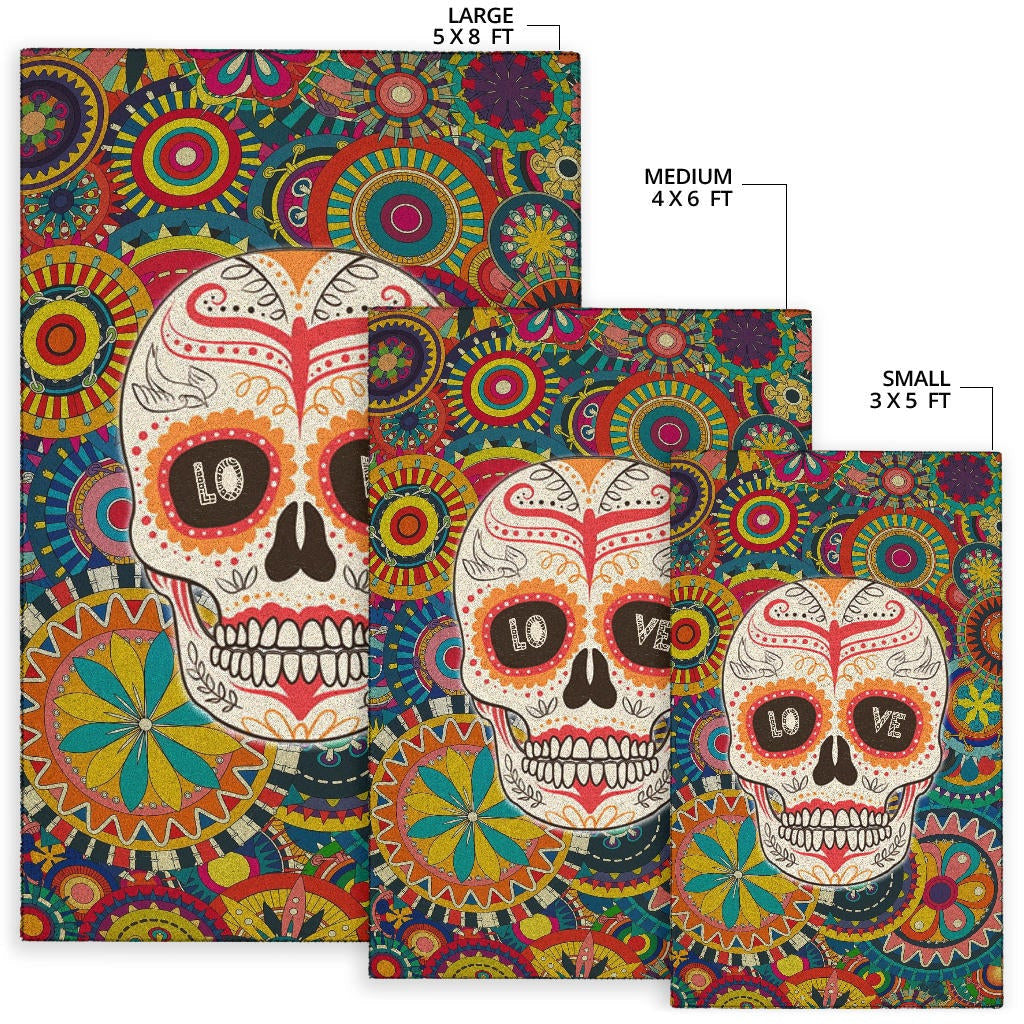 Valentine Area Rug - Mandala Skull Tattoo Love Eyes Colorful Rugs