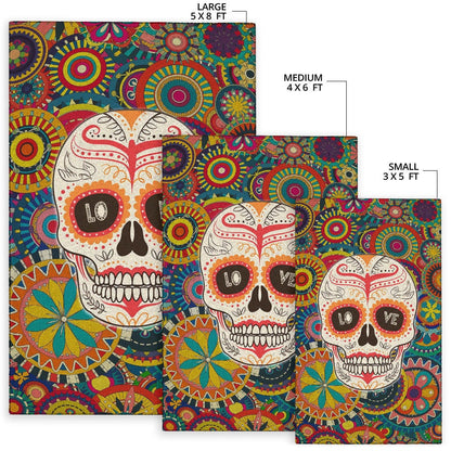 Valentine Area Rug - Mandala Skull Tattoo Love Eyes Colorful Rugs