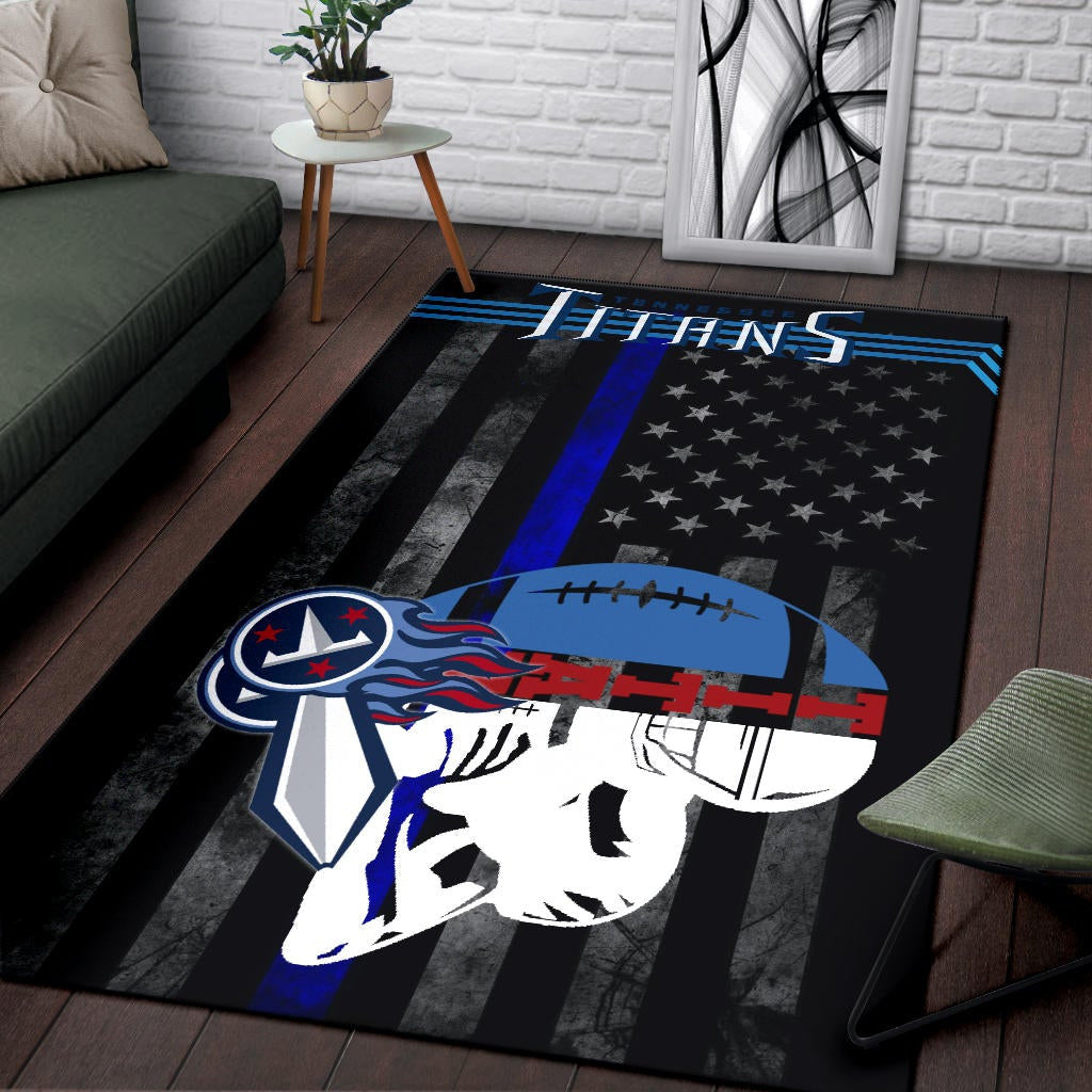Tennessee Titans American Football Team Area Rug White Player Silhoette With Rugby Ball Black White US Flag Rugs Home Decor