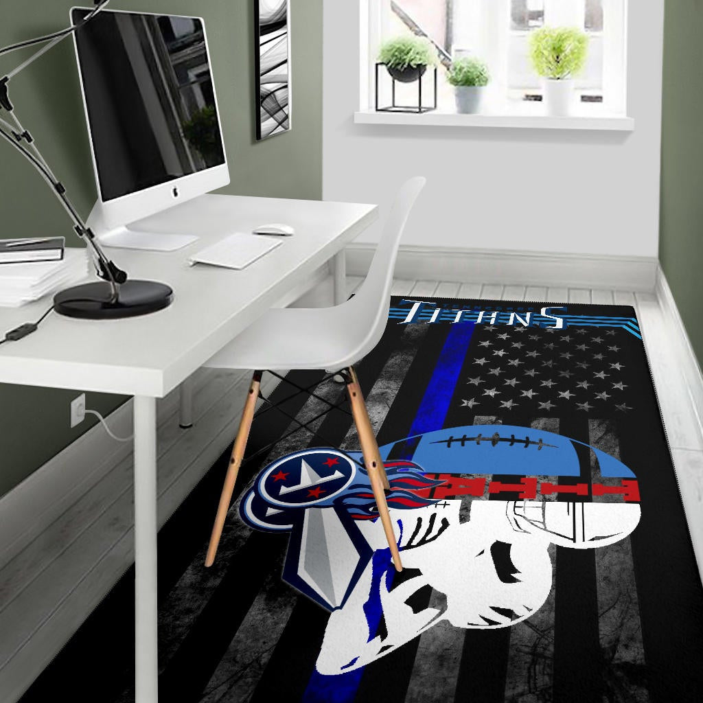 Tennessee Titans American Football Team Area Rug White Player Silhoette With Rugby Ball Black White US Flag Rugs Home Decor