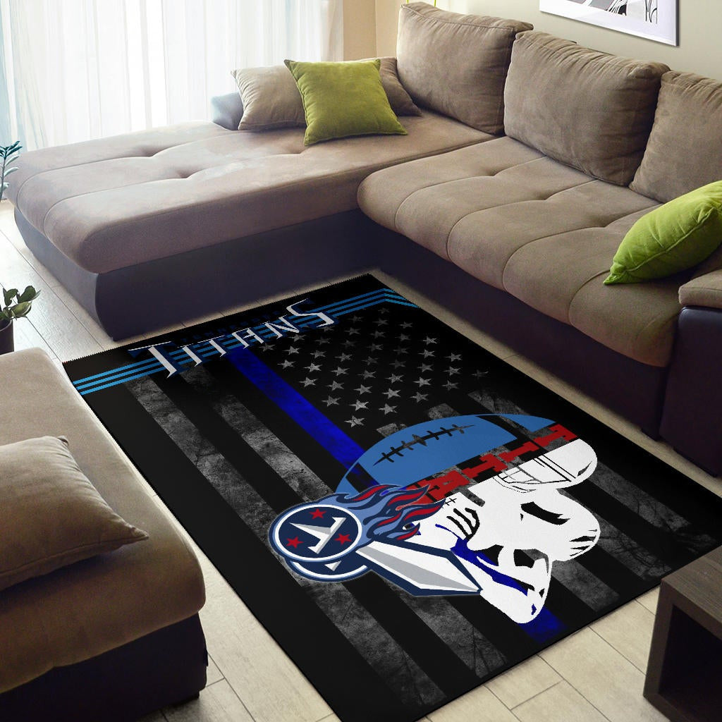 Tennessee Titans American Football Team Area Rug White Player Silhoette With Rugby Ball Black White US Flag Rugs Home Decor