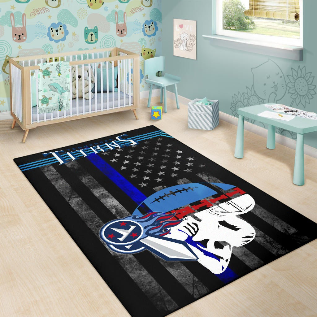 Tennessee Titans American Football Team Area Rug White Player Silhoette With Rugby Ball Black White US Flag Rugs Home Decor