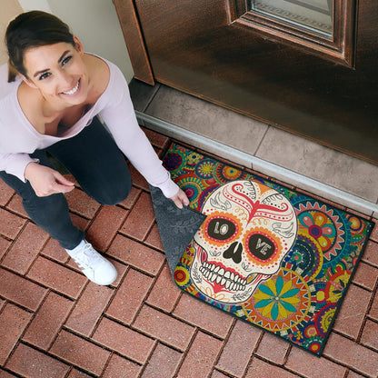 Valentine Door Mat - Mandala Skull Tattoo Love Eyes Colorful Door Mat