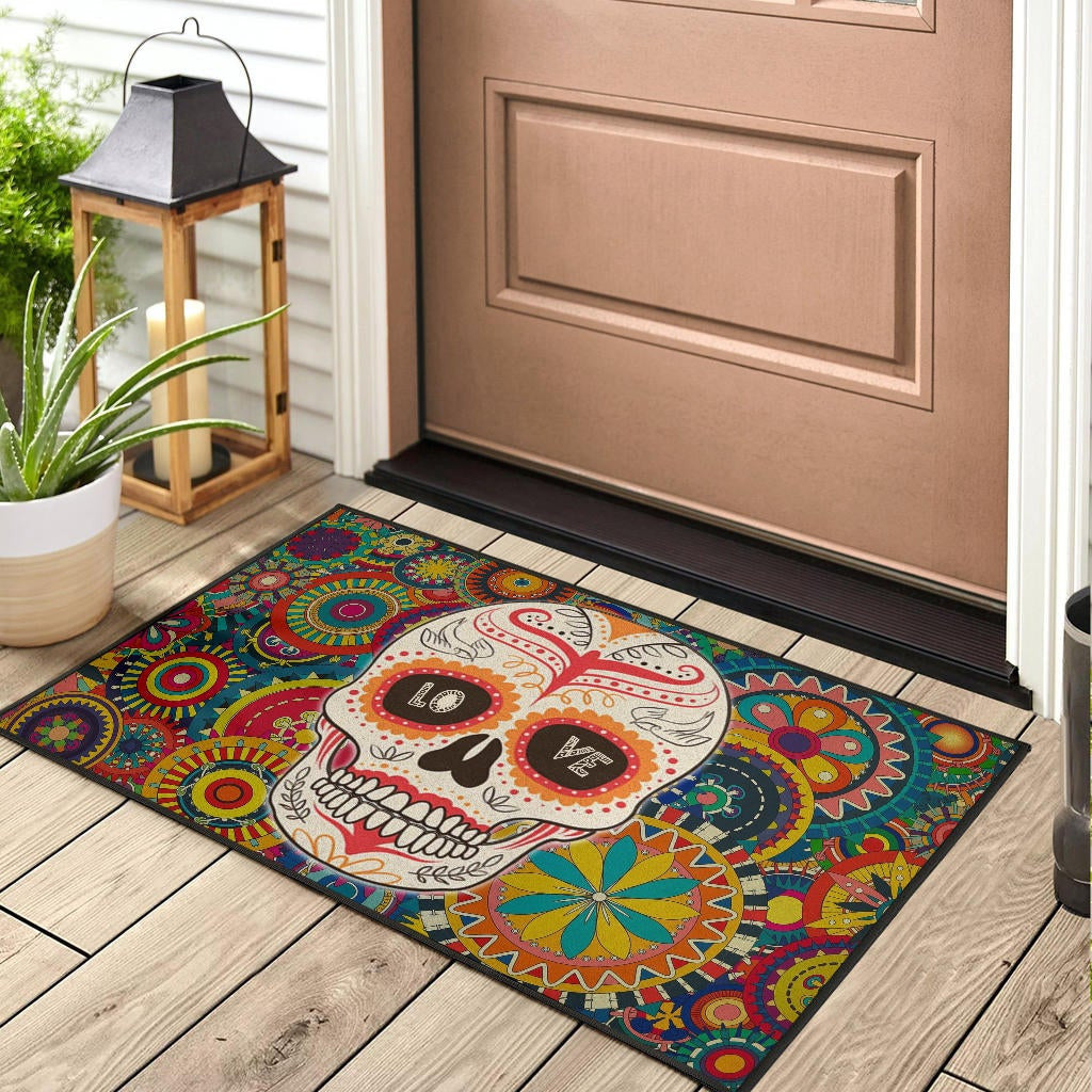 Valentine Door Mat - Mandala Skull Tattoo Love Eyes Colorful Door Mat