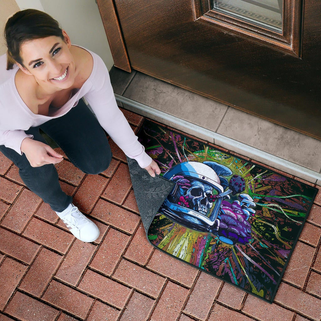 Skull Door Mat - Skull Wearing Helmet Moto Racing Door Mat