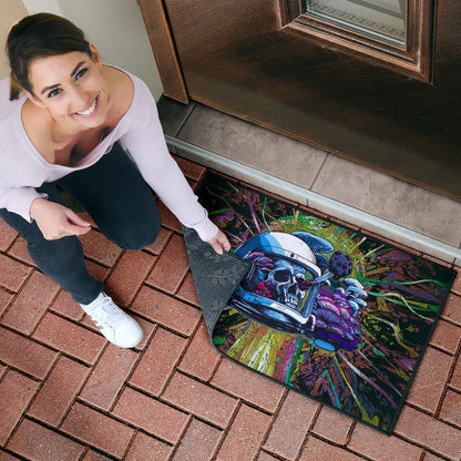 Skull Door Mat - Skull Wearing Helmet Moto Racing Door Mat