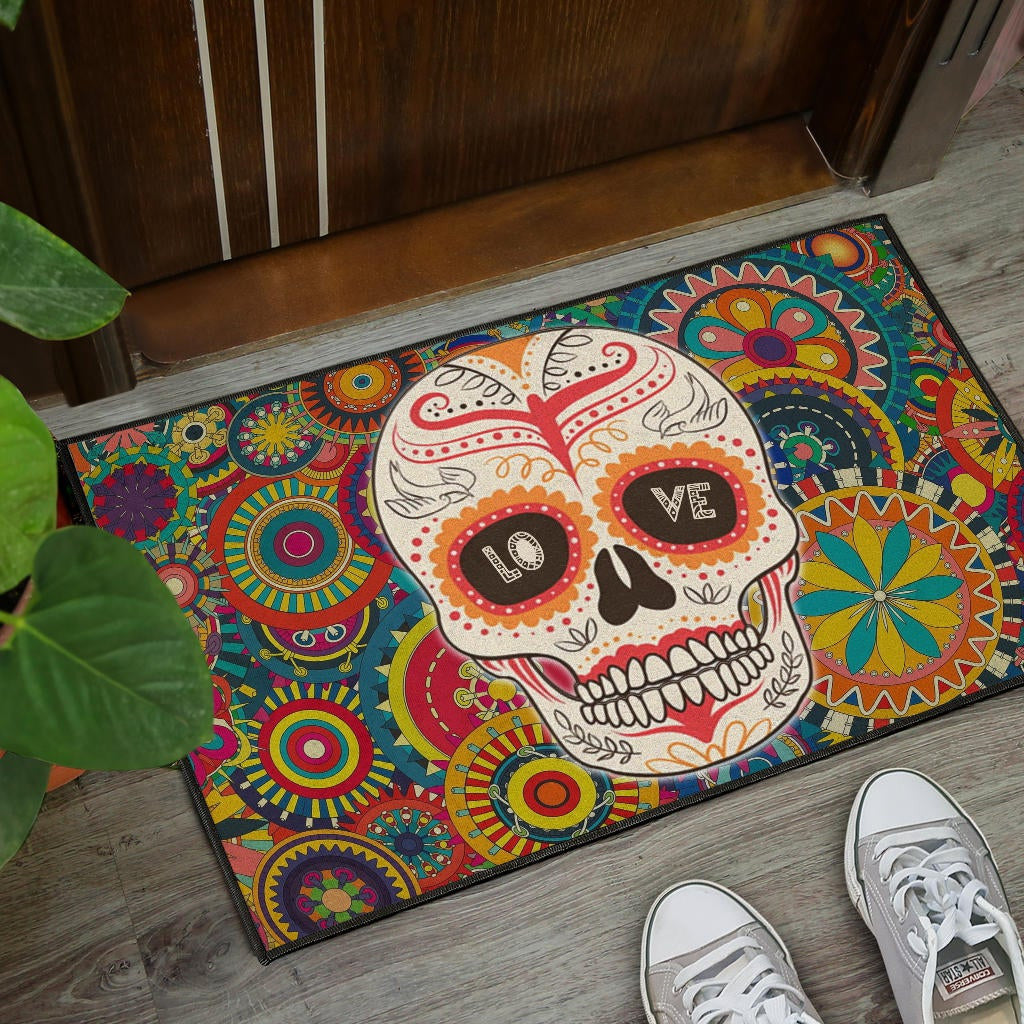 Valentine Door Mat - Mandala Skull Tattoo Love Eyes Colorful Door Mat