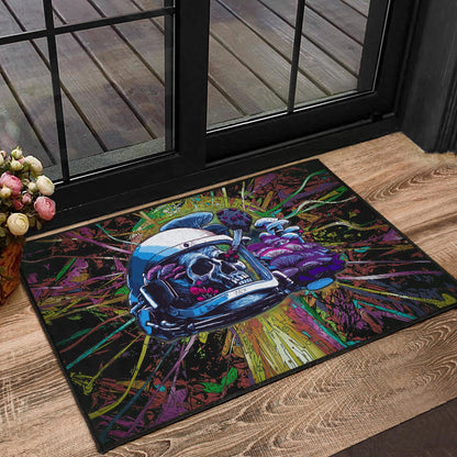 Skull Door Mat - Skull Wearing Helmet Moto Racing Door Mat