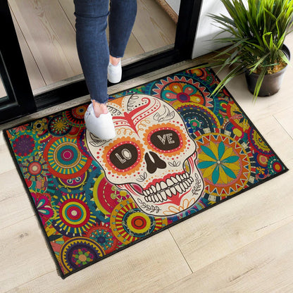 Valentine Door Mat - Mandala Skull Tattoo Love Eyes Colorful Door Mat