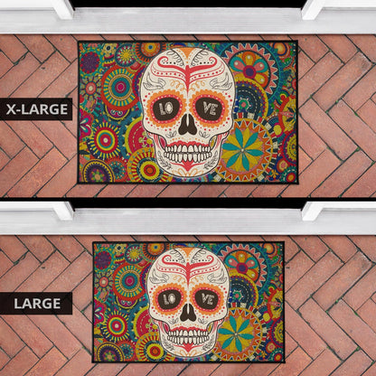 Valentine Door Mat - Mandala Skull Tattoo Love Eyes Colorful Door Mat