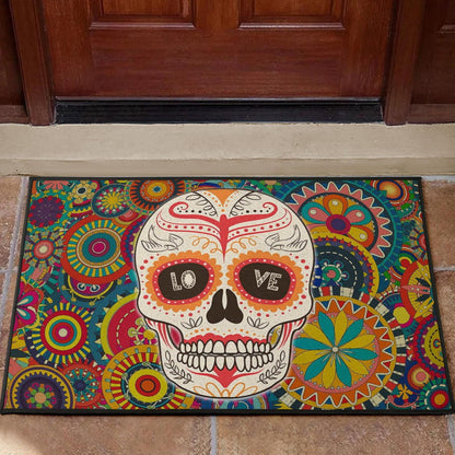 Valentine Door Mat - Mandala Skull Tattoo Love Eyes Colorful Door Mat