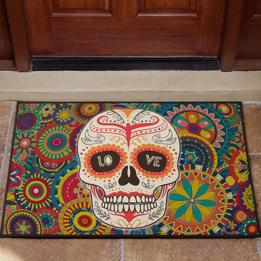 Valentine Door Mat - Mandala Skull Tattoo Love Eyes Colorful Door Mat
