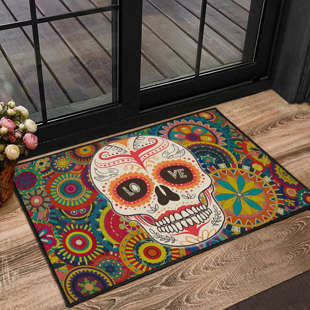 Valentine Door Mat - Mandala Skull Tattoo Love Eyes Colorful Door Mat