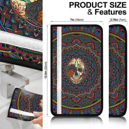 Valentine Seat Belt Covers - Colored Mandala Skull Background Roses From Eye Belt Covers