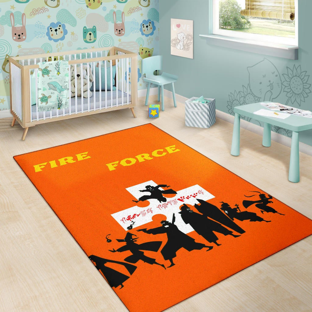 Fire Force Anime Area Rug Characters Silhouette Fighting Orange Yellow Text Rugs Home Decor