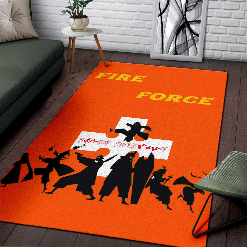 Fire Force Anime Area Rug Characters Silhouette Fighting Orange Yellow Text Rugs Home Decor
