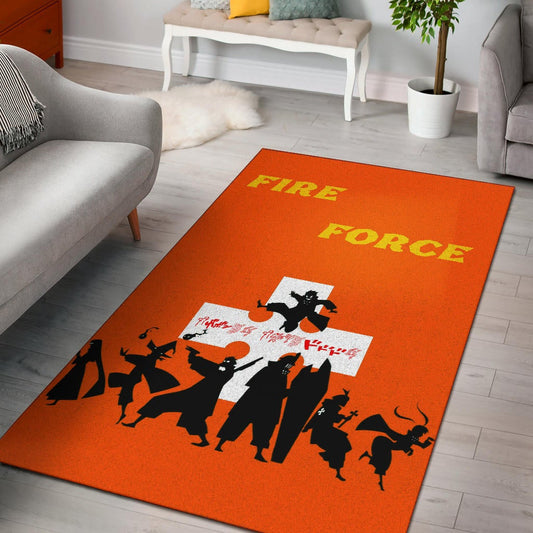 Fire Force Anime Area Rug Characters Silhouette Fighting Orange Yellow Text Rugs Home Decor