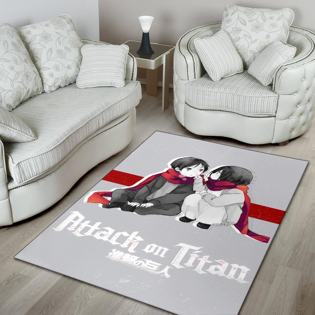Attack On Titan Anime Area Rug - Chibi Mikasa And Eren Couple Love Wearing Red Scarf Rugs Home Decor