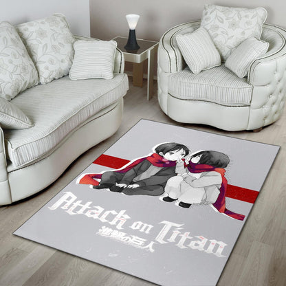 Attack On Titan Anime Area Rug - Chibi Mikasa And Eren Couple Love Wearing Red Scarf Rugs Home Decor