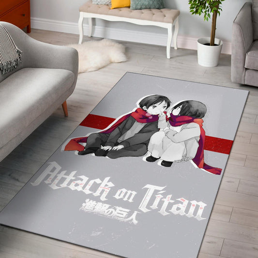 Attack On Titan Anime Area Rug - Chibi Mikasa And Eren Couple Love Wearing Red Scarf Rugs Home Decor