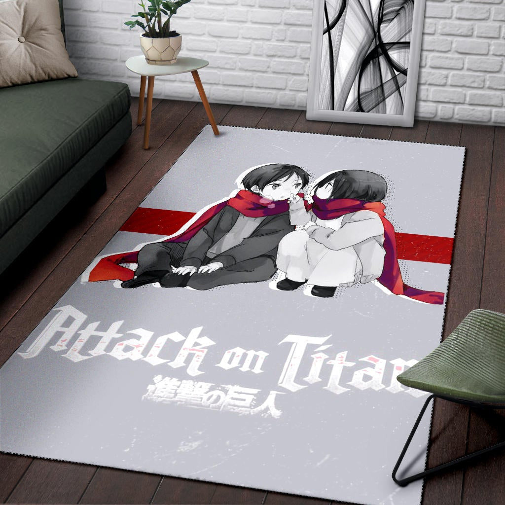 Attack On Titan Anime Area Rug - Chibi Mikasa And Eren Couple Love Wearing Red Scarf Rugs Home Decor