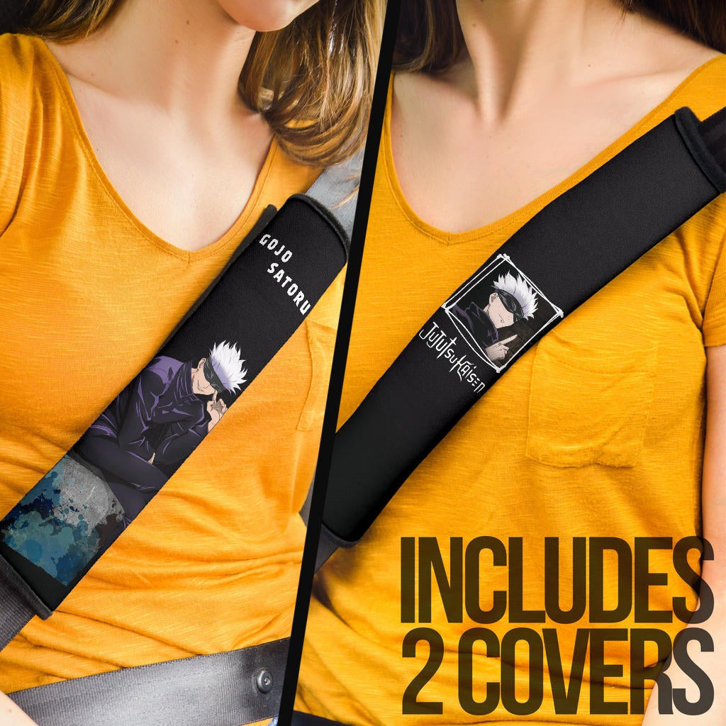 Jujutsu Kaisen Anime Seat Belt Covers - Satoru Gojo Wearing Eye Mask Sitting On Rubik Prison Realm Belt Covers
