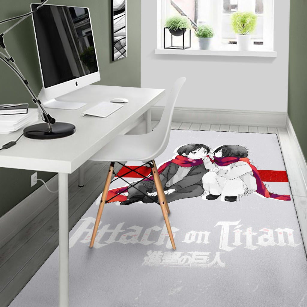 Attack On Titan Anime Area Rug - Chibi Mikasa And Eren Couple Love Wearing Red Scarf Rugs Home Decor